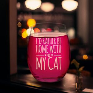 Veracco I'd Rather Be Home With My Cat Stemless Wine Glass Funny Birthday For Cat Mom Crazy Cat Lady Animal Lover Rescue Mom (Clear, Glass)