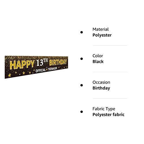 Ushinemi Happy 13th Birthday Banner, Official Teenager Banner, 13 Year Old Birthday Party Decorations Supplies Sign Backdrop, Black, 9.8x1.6Ft