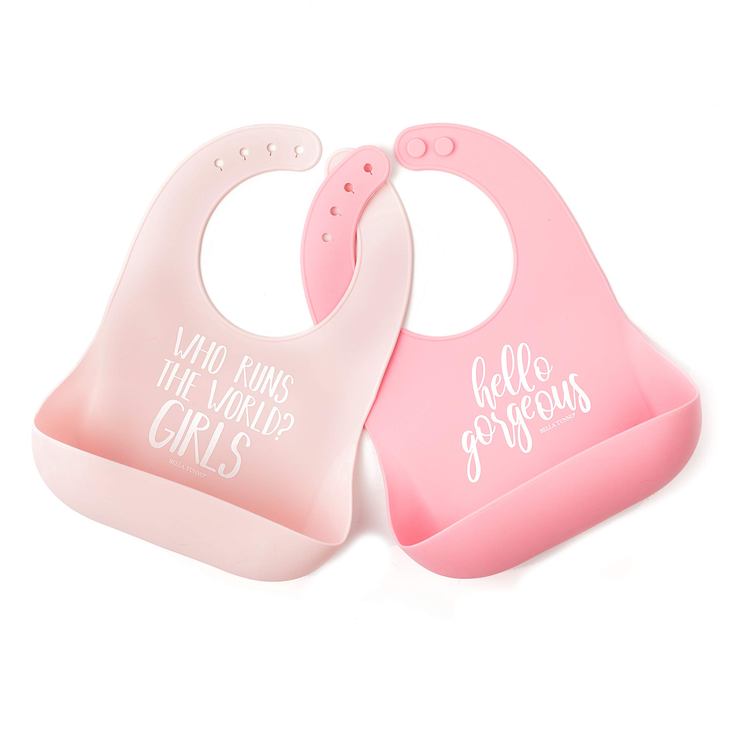 Bella Tunno Wonder Bib 2pk - Adjustable Silicone Baby Bibs for Girls & Boys, Durable and Waterproof BPA Free Silicone, Run The World & Hello Gorgeous