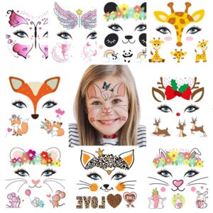 fanoshon animal temporary face tattoo sticker set for kids adults, water transfer butterfly panda deer giraffe fairy floral festival body paint makeup decoration stickers for halloween multi-colored