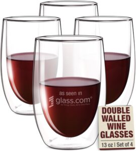 eparé stemless wine glasses - 13 oz set of 4 double-walled hand blown no stem wine glasses - stemless red & white clear wine glass tumblers for wedding