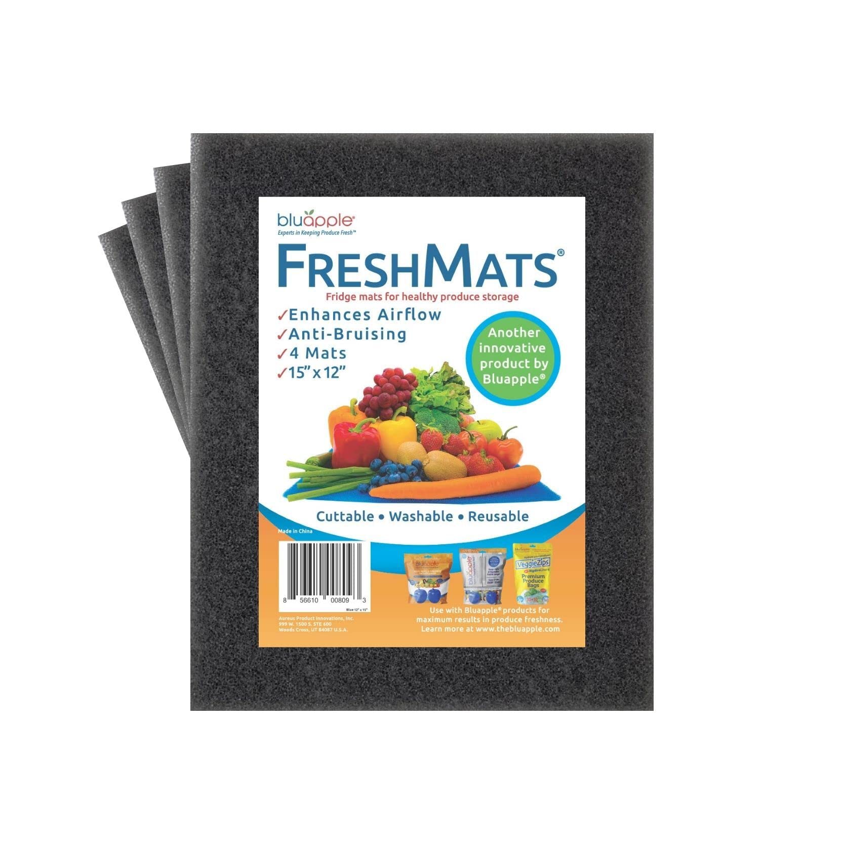 Bluapple FreshMats, Refrigerator Bin Liner, Fridge Drawer Mats, Crisper Life Extender Liner Keeps Produce Fresh Longer, Anti-Bruising, Helps Air Circulation, Washable & Reusable (4-Mats, 12x15, Gray)