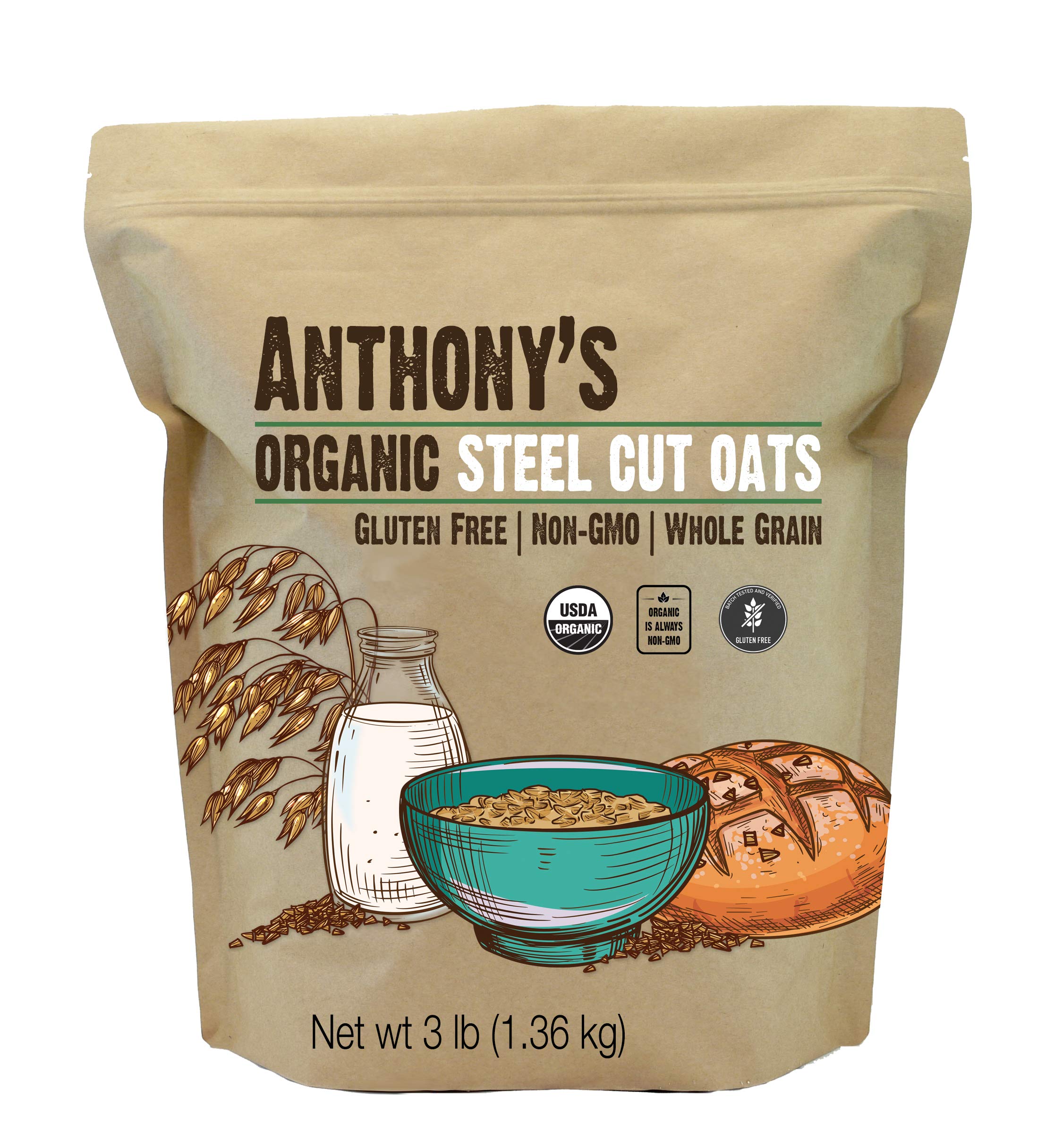 Anthony's Organic Steel Cut Oats, 3 lb, Gluten Free, Non GMO, Irish Oatmeal, Whole Grain