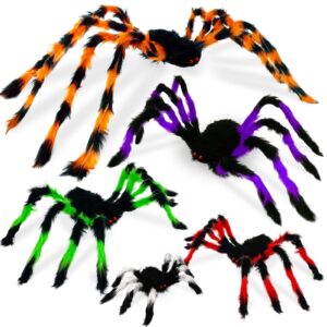 5pcs halloween spider decorations with 5 colors red eyes, 50" giant scary halloween props,realistic hairy spider set for window wall yard party haunted house indoor outdoor decor (5 different sizes)