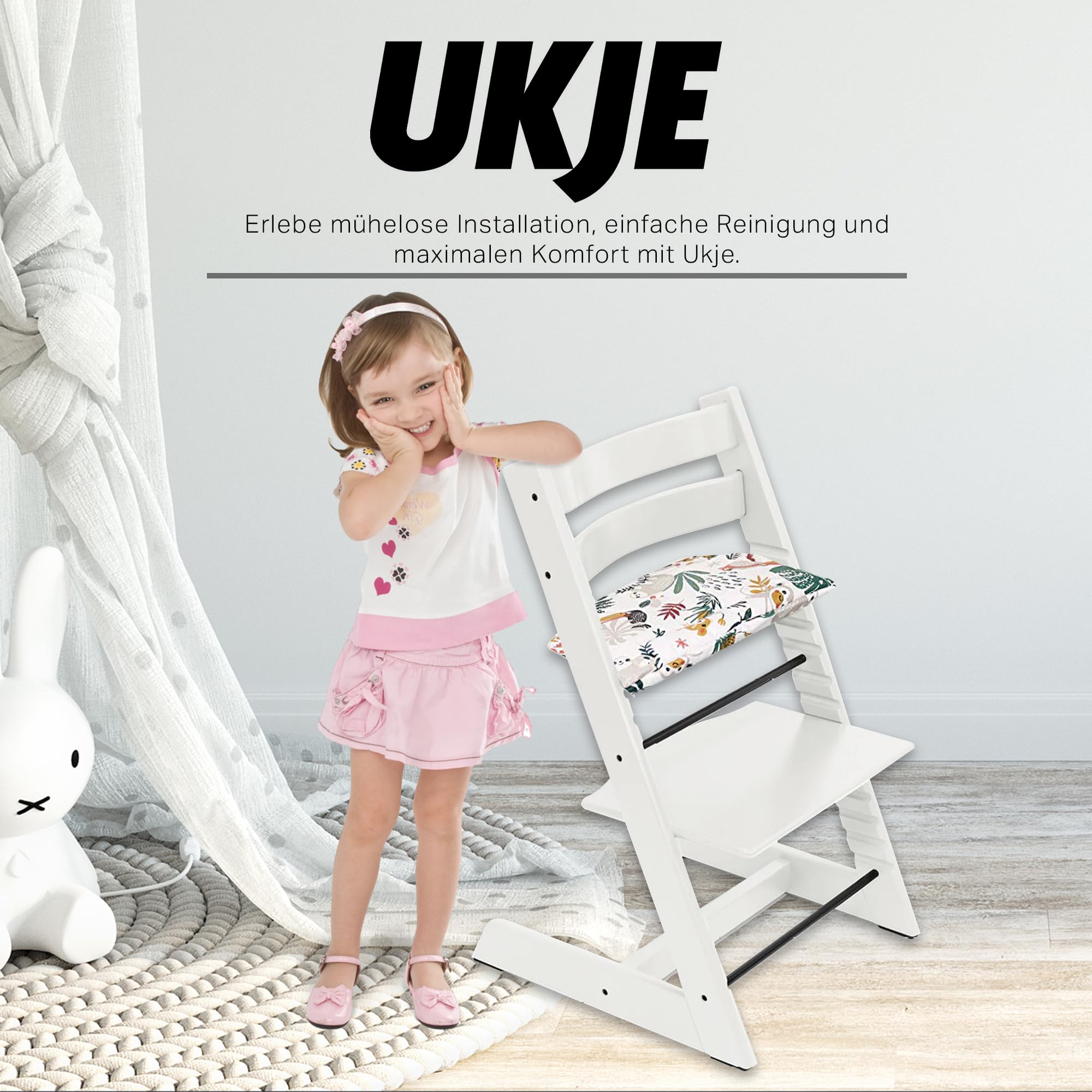 Ukje Cushion Compatible with Stokke Tripp Trapp - Cushion for High Chair, Baby Seat Padding, High Chair Accessories, Sitting Cover, Coated Fabric, Stylish Patterns (1 Piece, White Monkey)