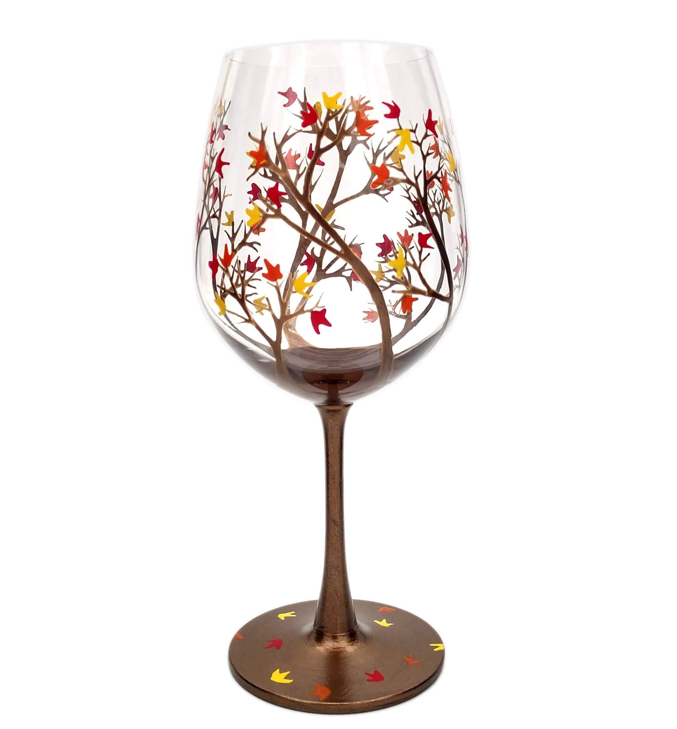 Autumn Tree Wine Glass - Fall Colors - Leaves of Red, Yellow, Orange - Hand Painted - Fall Leaf - 20 ounce