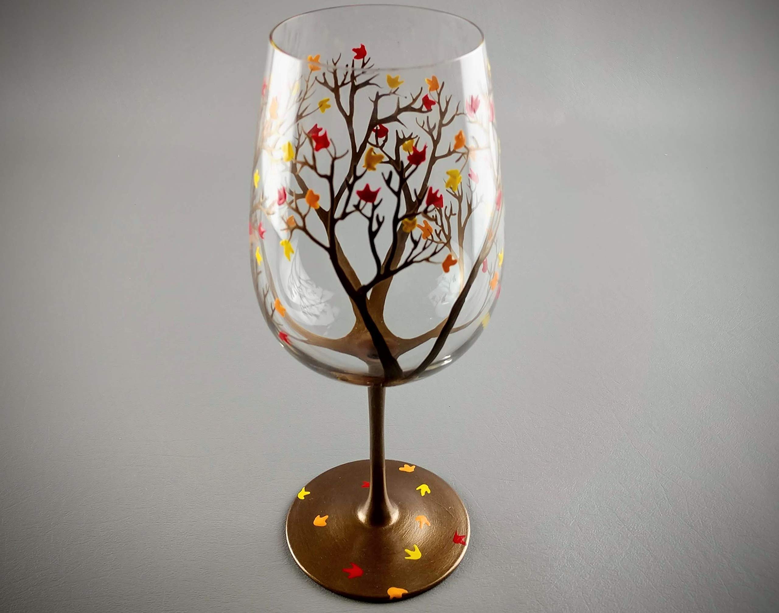 Autumn Tree Wine Glass - Fall Colors - Leaves of Red, Yellow, Orange - Hand Painted - Fall Leaf - 20 ounce