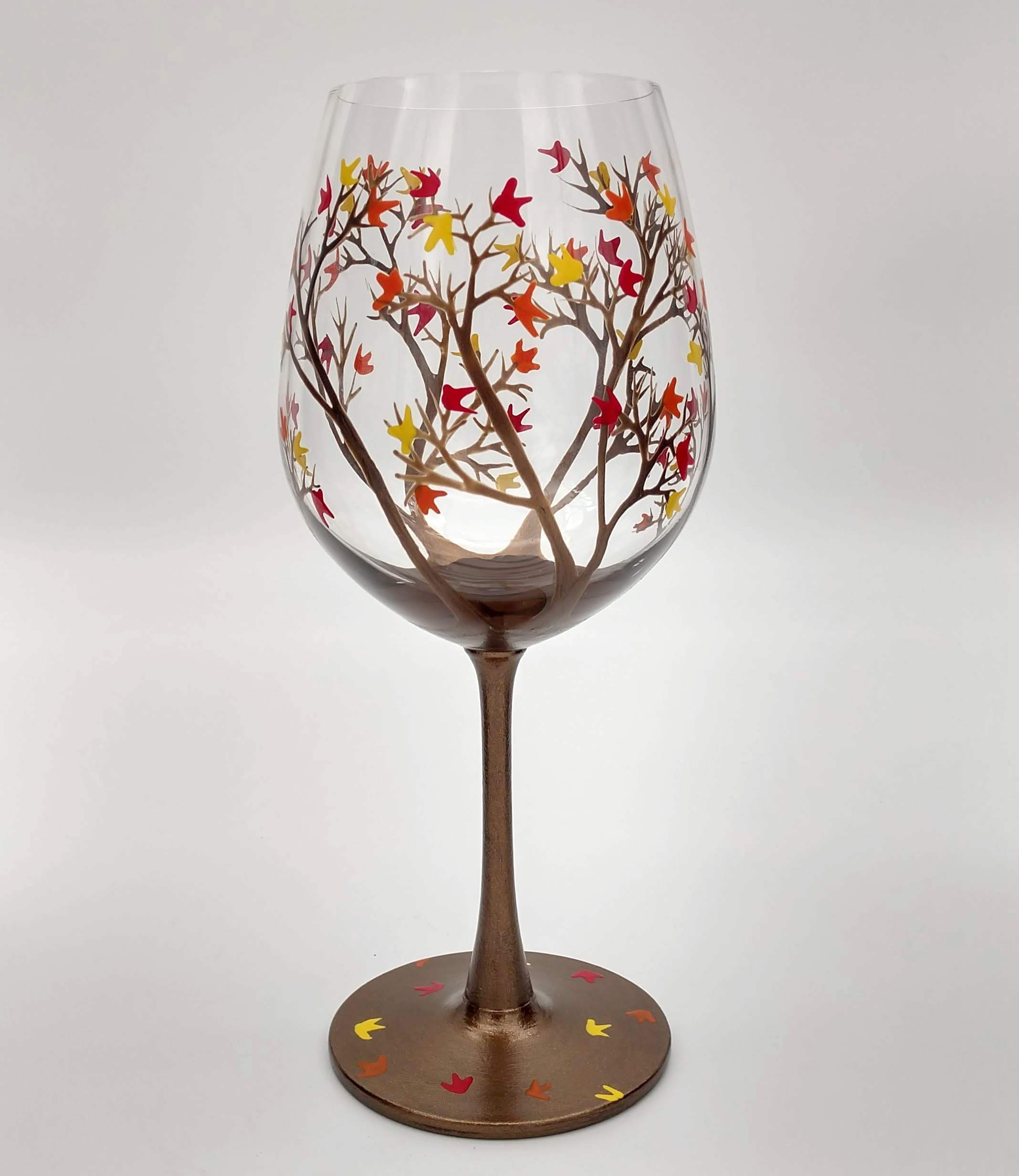 Autumn Tree Wine Glass - Fall Colors - Leaves of Red, Yellow, Orange - Hand Painted - Fall Leaf - 20 ounce