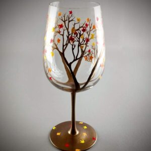 Autumn Tree Wine Glass - Fall Colors - Leaves of Red, Yellow, Orange - Hand Painted - Fall Leaf - 20 ounce