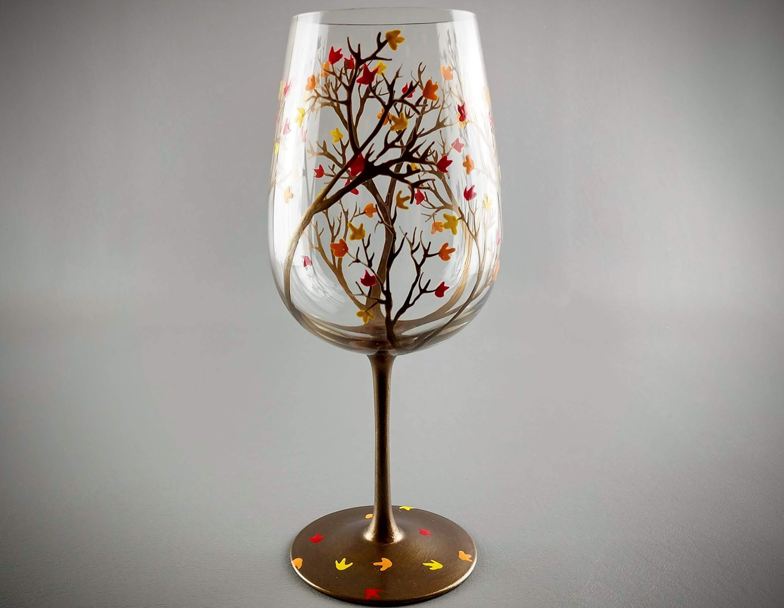 Autumn Tree Wine Glass - Fall Colors - Leaves of Red, Yellow, Orange - Hand Painted - Fall Leaf - 20 ounce