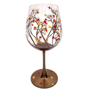 Autumn Tree Wine Glass - Fall Colors - Leaves of Red, Yellow, Orange - Hand Painted - Fall Leaf - 20 ounce