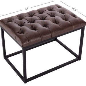 Wovenbyrd Modern Rectangular Button Tufted Ottoman Footstool with Metal Frame, 24-Inch by 16.5-Inch, Dark Brown Faux Leather