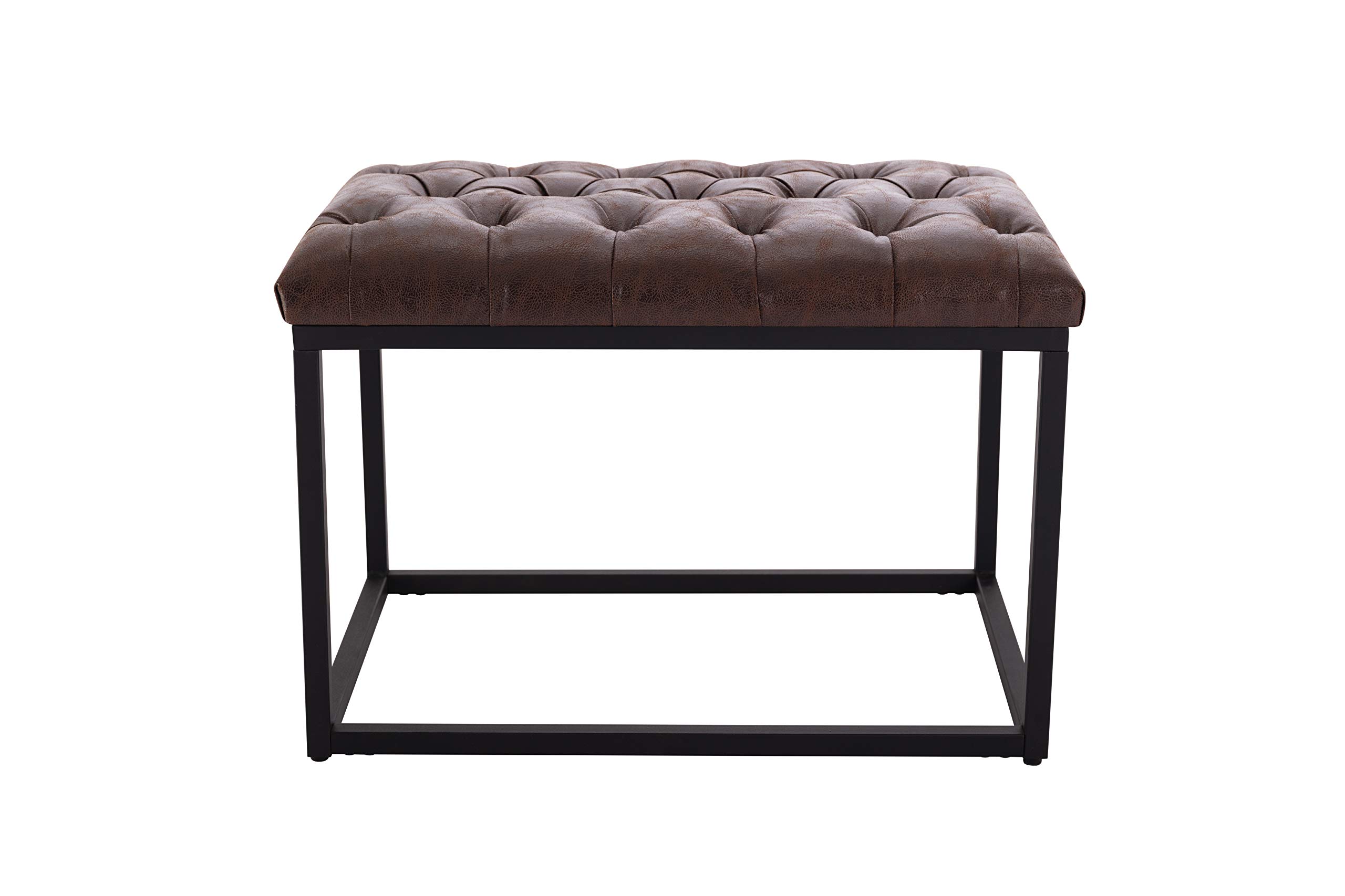 Wovenbyrd Modern Rectangular Button Tufted Ottoman Footstool with Metal Frame, 24-Inch by 16.5-Inch, Dark Brown Faux Leather