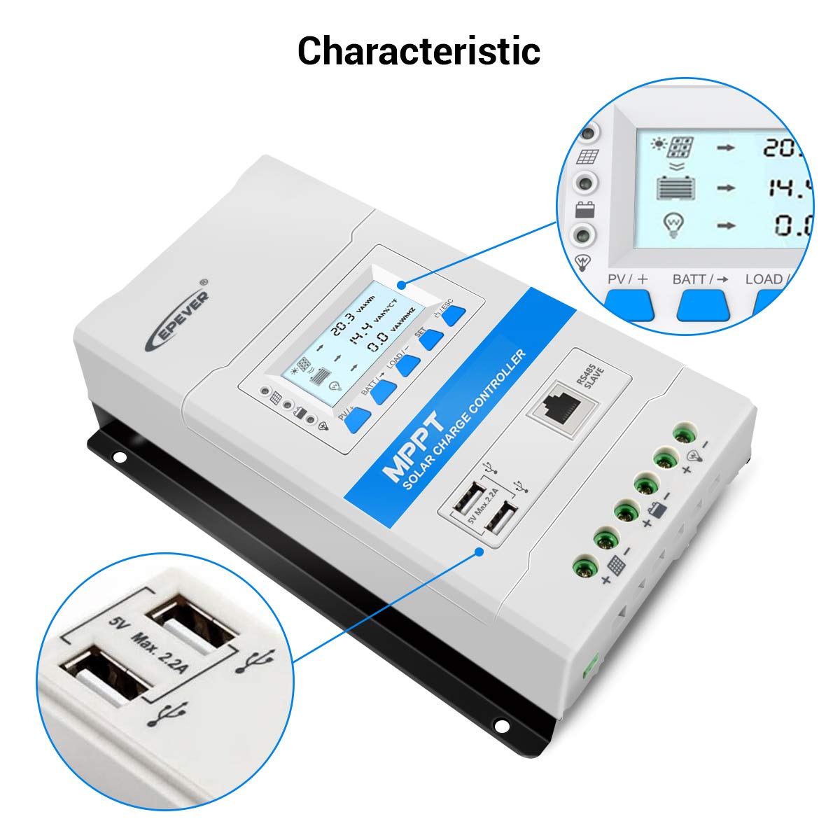 EPEVER 40A MPPT Solar Charge Controller Max. PV 150V Solar Panel Charge Regulator with LED&LCD Display Double USB Port and MT50 Remote Meter Temperature Sensor RTS & PC Communication Cable RS485