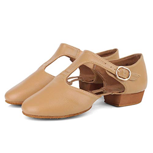 HIPPOSEUS Women's T-Strap Leather Jazz Shoes Tan Teaching Dance Shoes for Dance Class with Split Sole,Model LG59,US 7