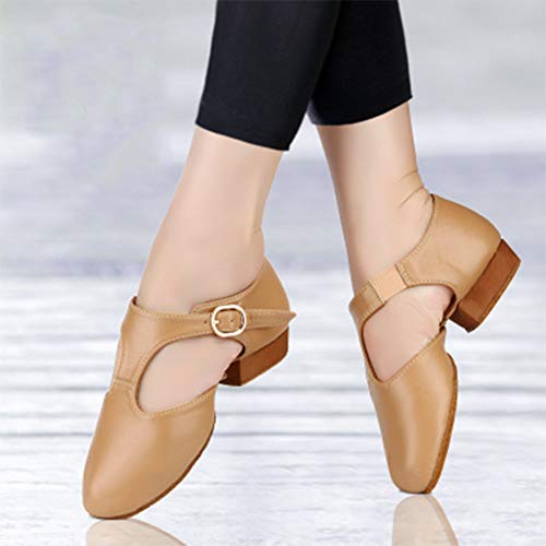 HIPPOSEUS Women's T-Strap Leather Jazz Shoes Tan Teaching Dance Shoes for Dance Class with Split Sole,Model LG59,US 7