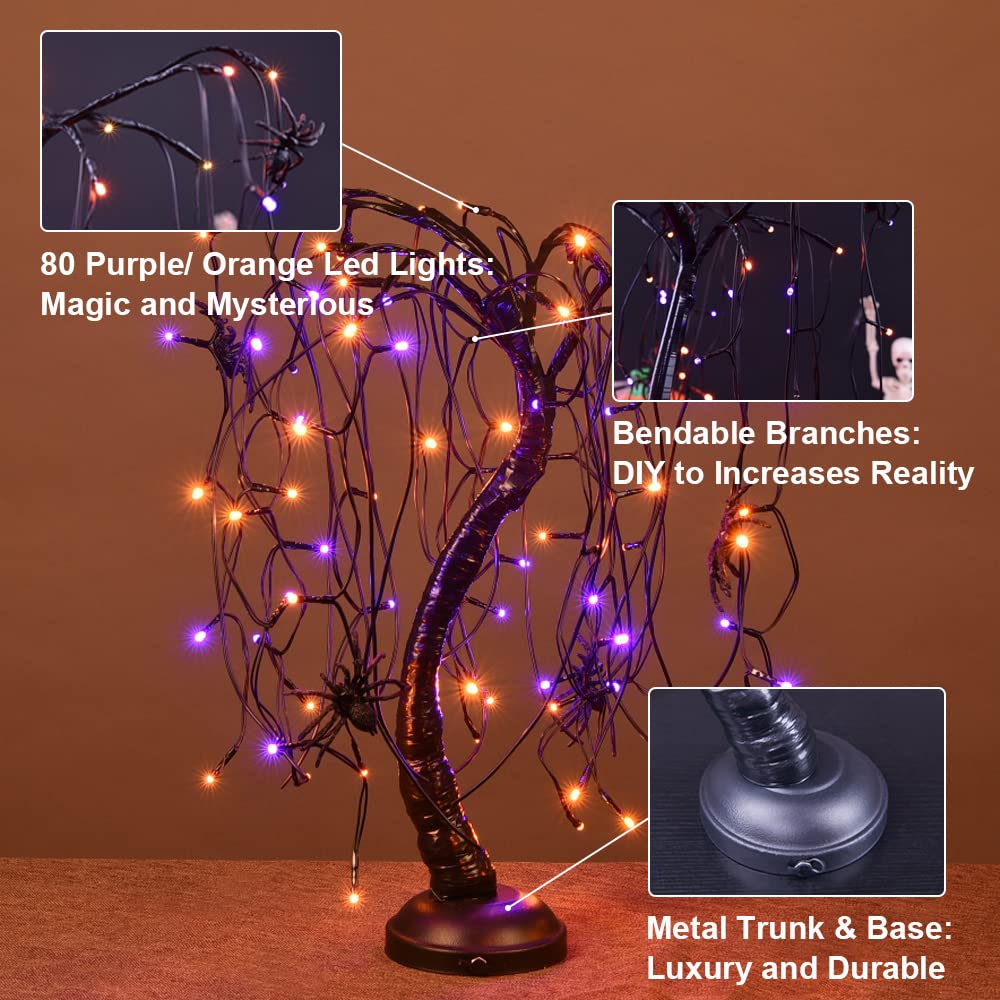 LIGHTSHARE 24-inch Halloween Willow Tree LED Bonsai Night Light,80 LED Lights, Battery Powered or DC Adapter(Included) for Home, Festival,Nativity, Party, and Christmas Decoration, Purple & Orange