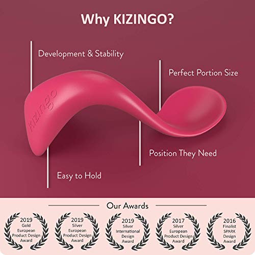 Kizingo Right-Handed Curved Baby Spoons for Toddler Self Feeding (2-Pack, Pink Raspberry and Mint Green)