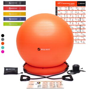 wisemax exercise ball chair – stability yoga balance ball with ring base, resistance bands & pump, loop bands, carry bag, poster for home, office, posture, gym bundle, home workout- 65cm