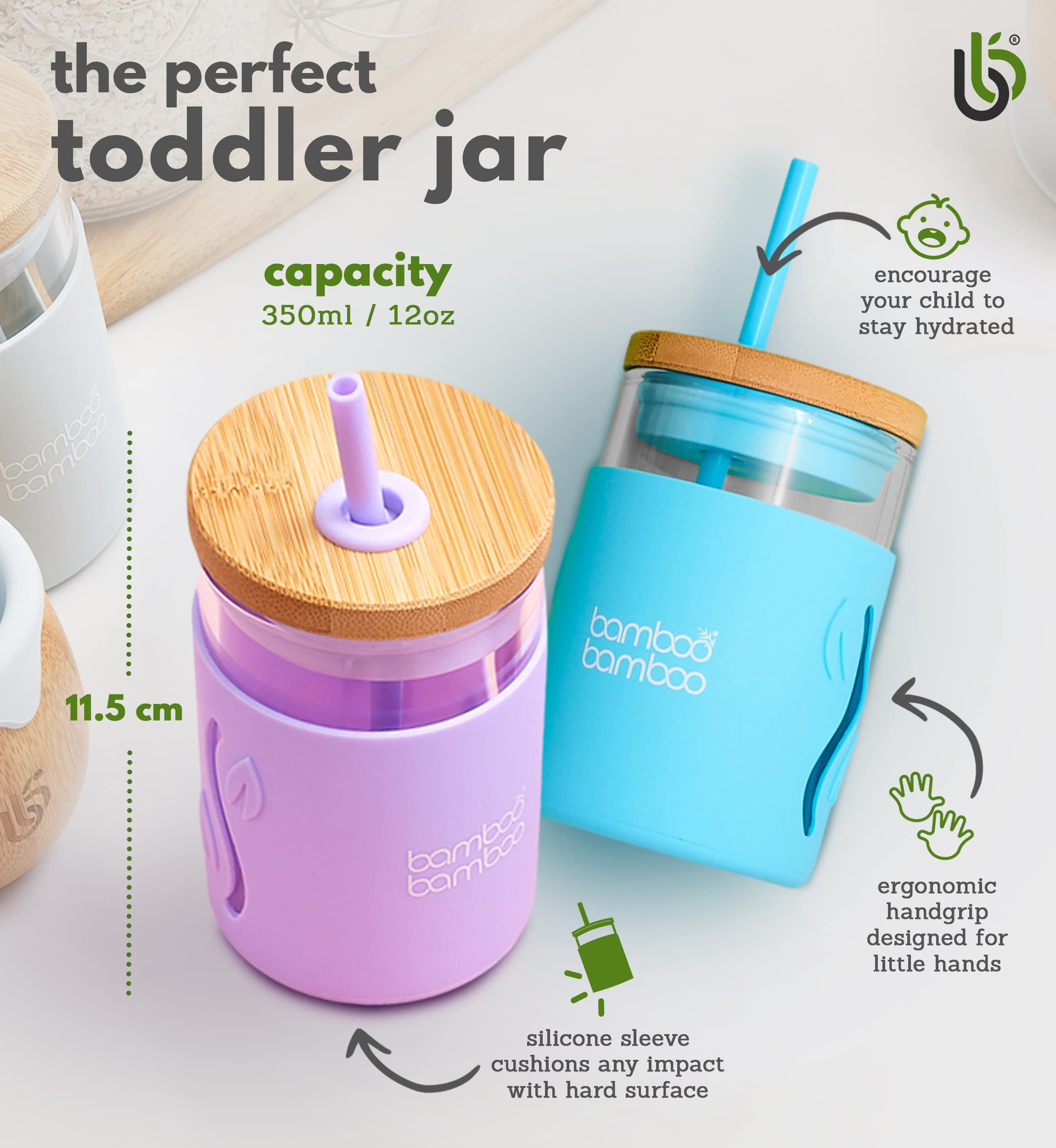 bamboo bamboo Toddler Sippy Cup with Straw and Lid, Transition Drinking Cup for Kids Holds 11.8 oz of Milk, Juice, Water or Smoothies – Glass Kids Cup with Impact-Resistant Silicone Sleeve and Straw