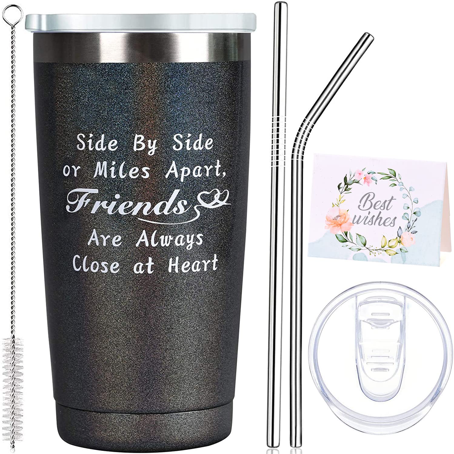 COTIMO Best Friends Birthday Gifts for Women, Side By Side or Miles Apart, Friends Are Always Close at Heart, Long Distance Friendship Gifts for Her, Soul Sister(Glitter Black)