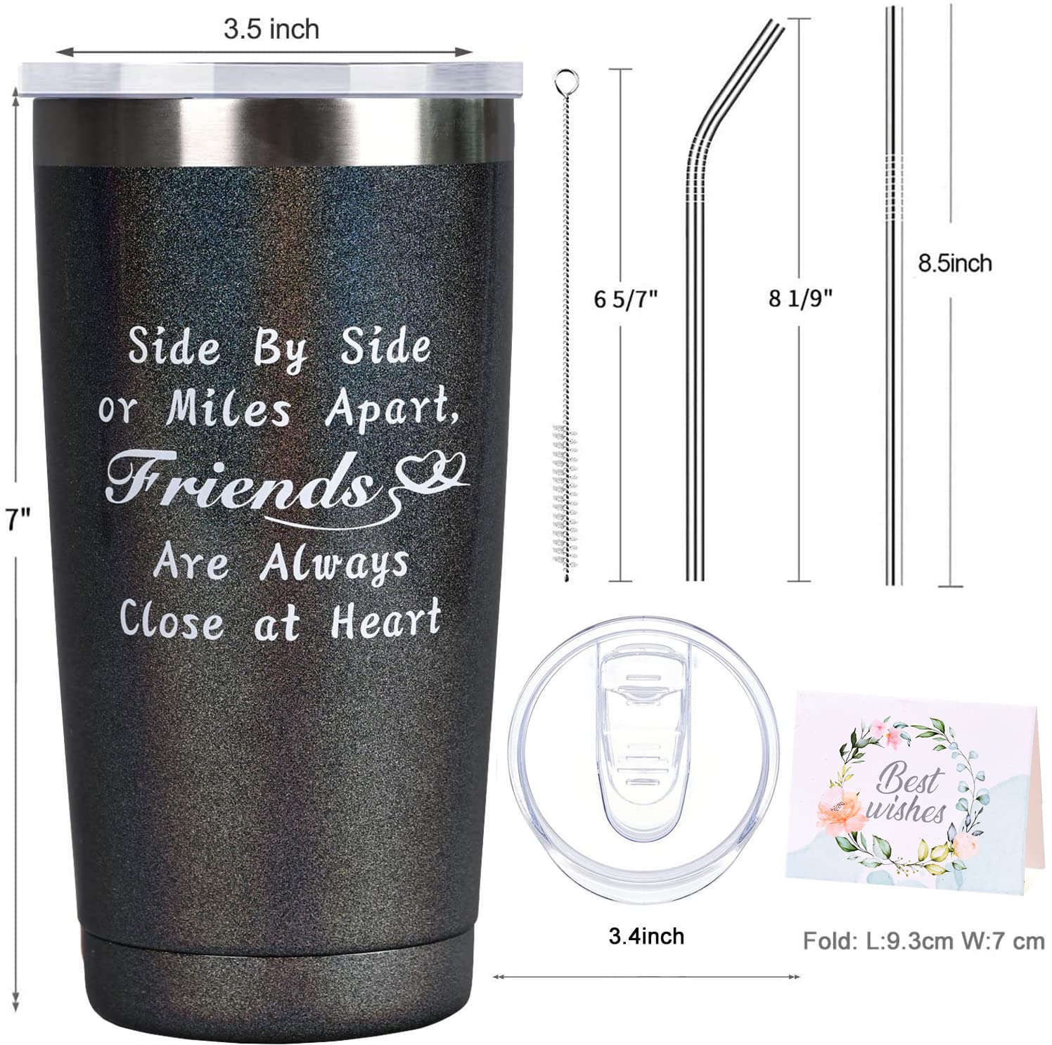 COTIMO Best Friends Birthday Gifts for Women, Side By Side or Miles Apart, Friends Are Always Close at Heart, Long Distance Friendship Gifts for Her, Soul Sister(Glitter Black)