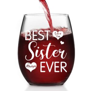 futtumy sister gifts stemless wine glass, best sister ever love you always, great wine glass gifts for sister women sister in law friend birthday christmas, 15 oz