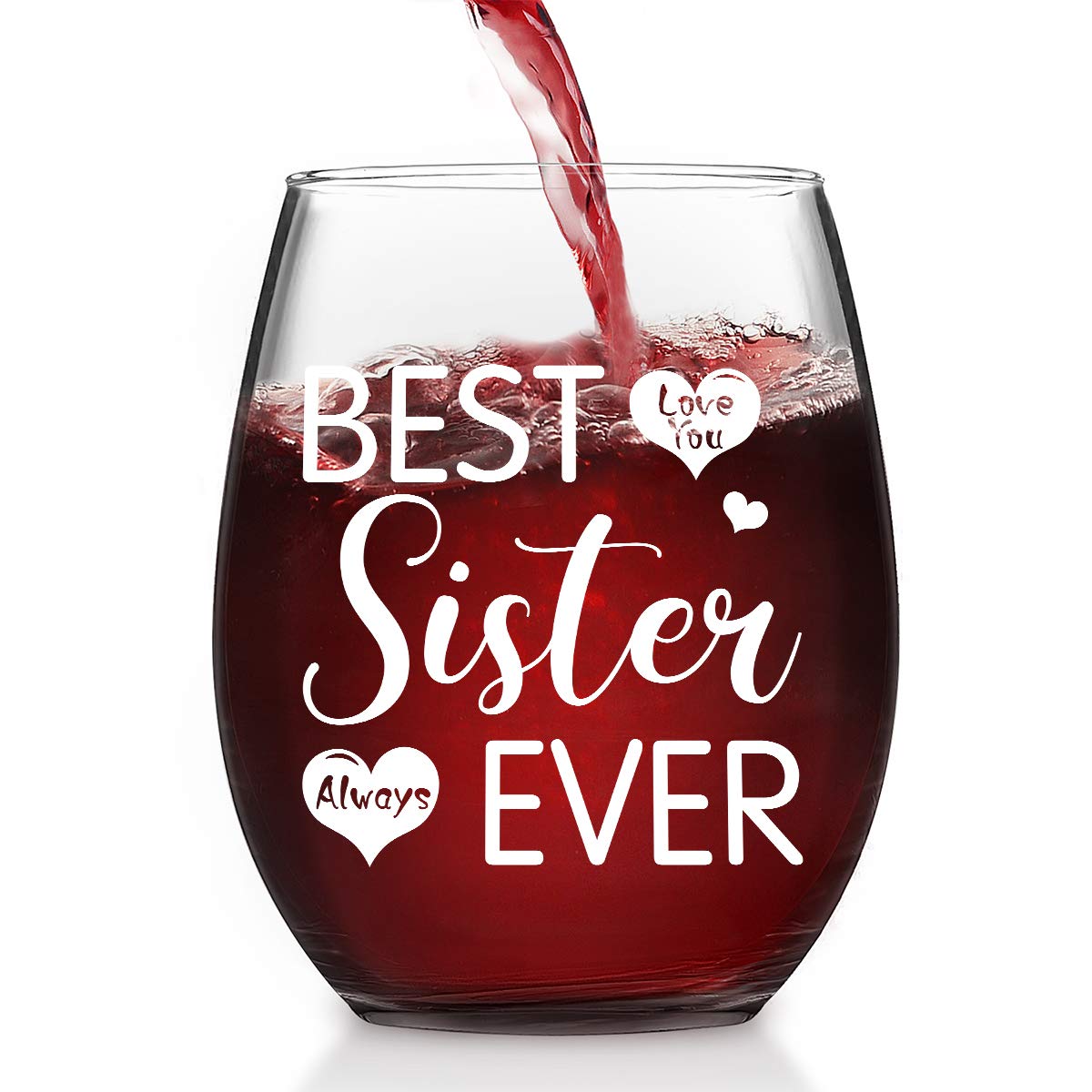 Futtumy Sister Gifts Stemless Wine Glass, Best Sister Ever Love You Always, Great Wine Glass Gifts for Sister Women Sister in Law Friend Birthday Christmas, 15 Oz