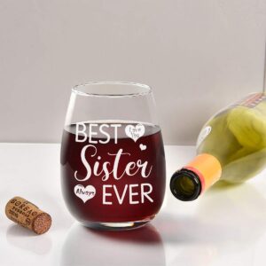 Futtumy Sister Gifts Stemless Wine Glass, Best Sister Ever Love You Always, Great Wine Glass Gifts for Sister Women Sister in Law Friend Birthday Christmas, 15 Oz