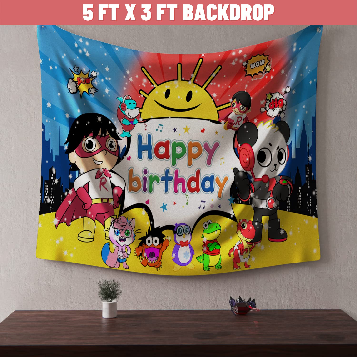 Nelton RW Birthday Party Supplies Includes Includes Backdrop - Cake Topper - 24 Cupcake Toppers - 18 Balloons - Table Cloth