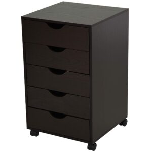homcom 5 drawer storage organizer office cabinet with nordic minimalist modern style & wheels, brown