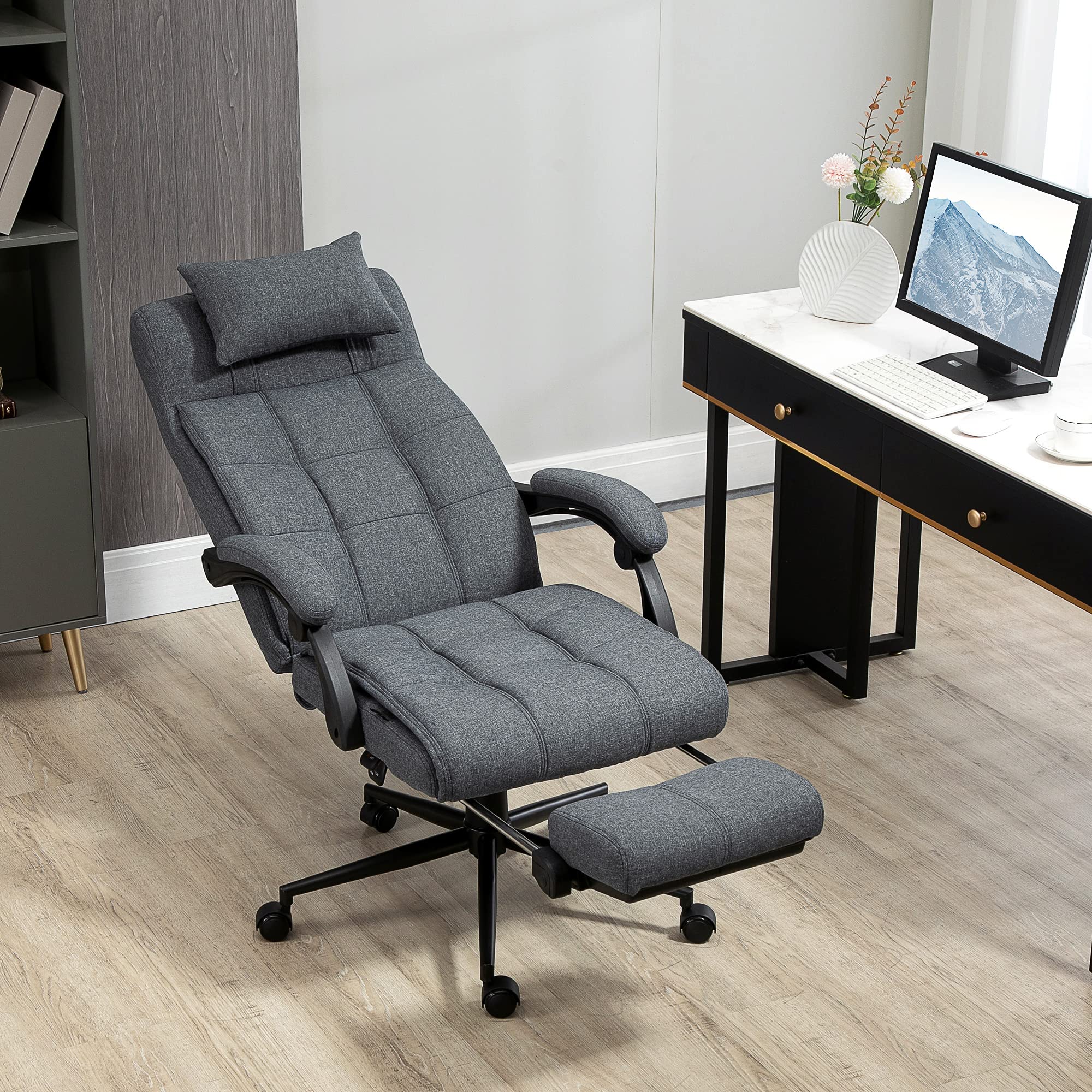 Vinsetto Executive Linen-Feel Fabric Office Chair High Back Swivel Task Chair with Adjustable Height Upholstered Retractable Footrest, Headrest and Padded Armrest, Dark Grey