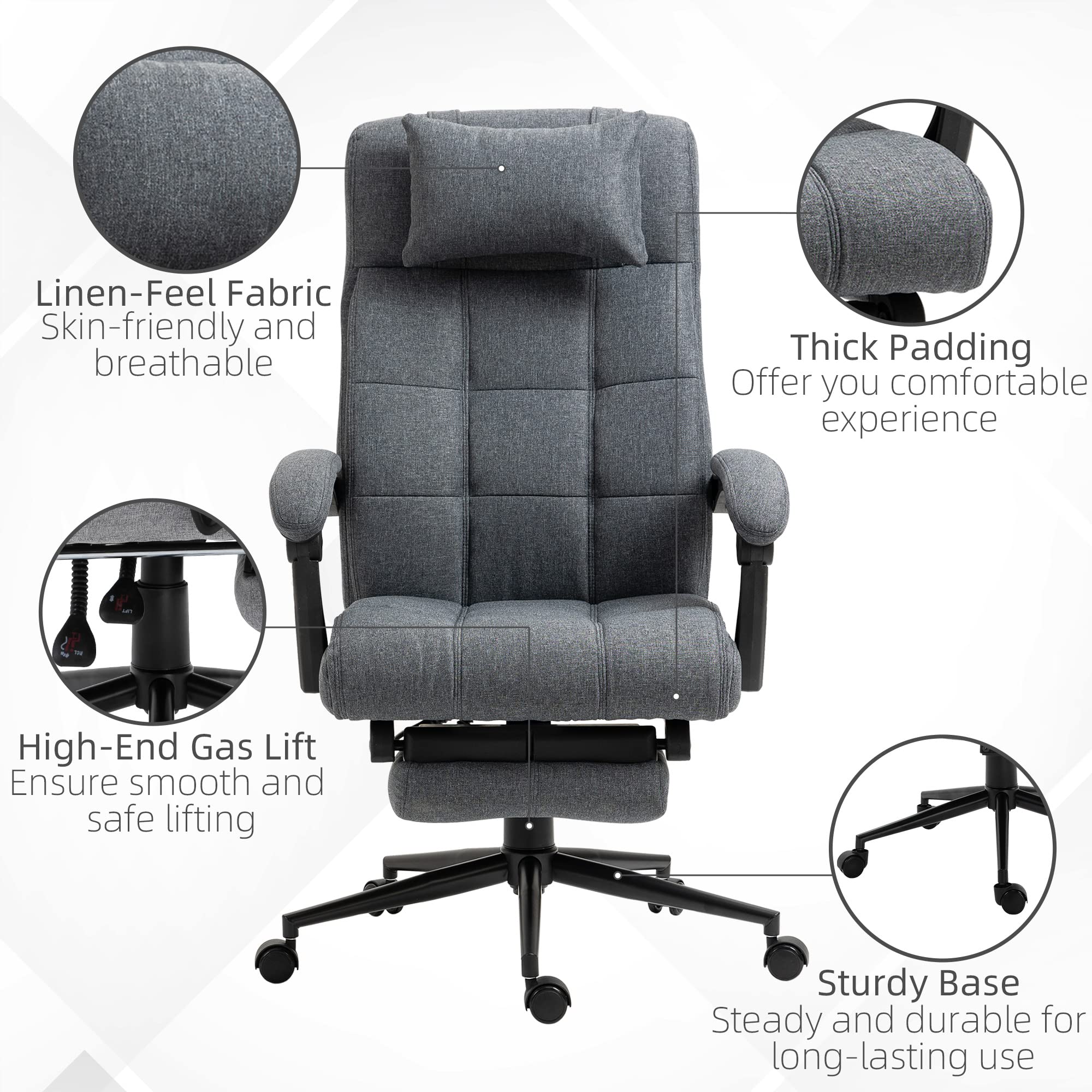 Vinsetto Executive Linen-Feel Fabric Office Chair High Back Swivel Task Chair with Adjustable Height Upholstered Retractable Footrest, Headrest and Padded Armrest, Dark Grey