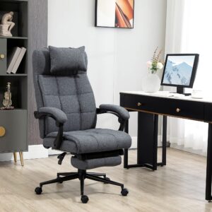 Vinsetto Executive Linen-Feel Fabric Office Chair High Back Swivel Task Chair with Adjustable Height Upholstered Retractable Footrest, Headrest and Padded Armrest, Dark Grey