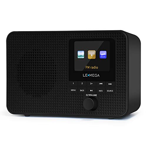 LEMEGA IR1 Portable WiFi Internet Radio,FM Digital Radio,Bluetooth Speaker,Dual Alarms Clock,Sleep Snooze Timer,40 Presets, Headphone-Output,Colour Display,Batteries or Mains Powered – Black Finish