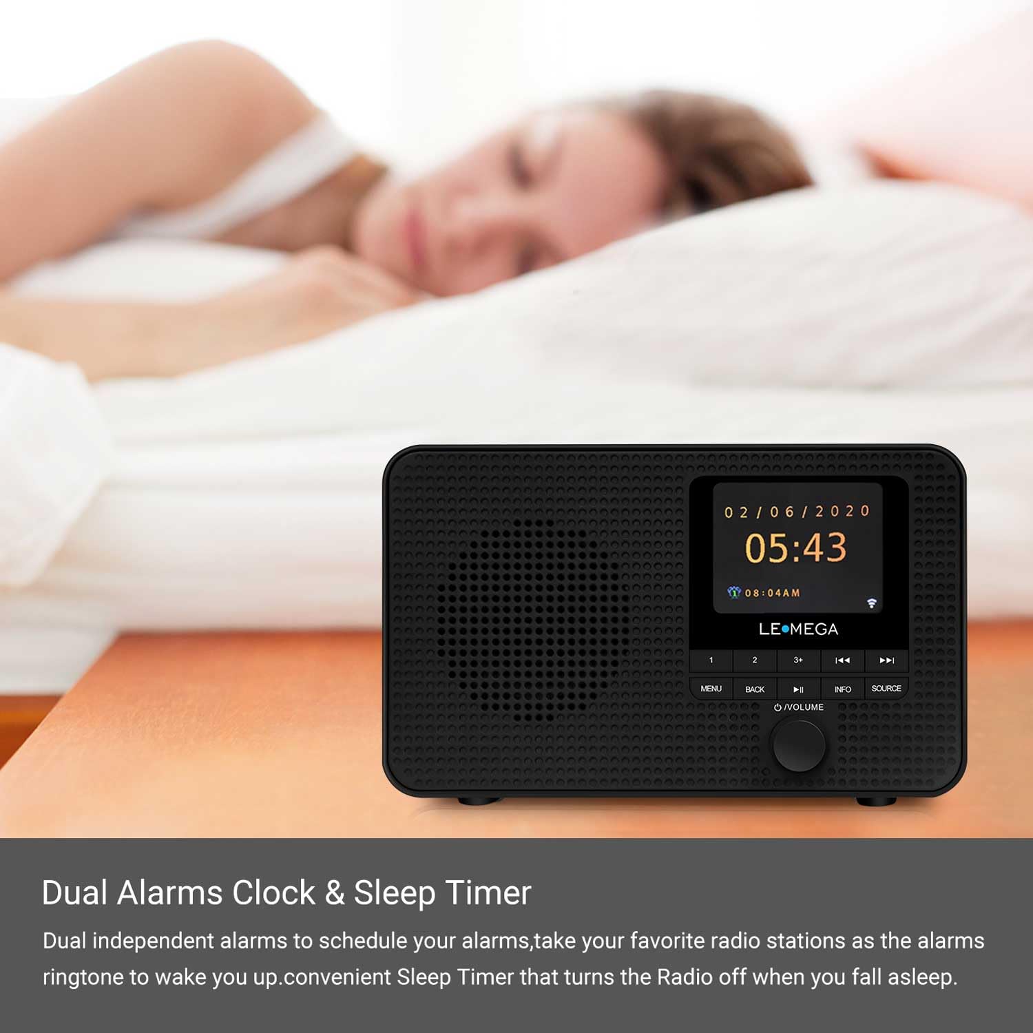 LEMEGA IR1 Portable WiFi Internet Radio,FM Digital Radio,Bluetooth Speaker,Dual Alarms Clock,Sleep Snooze Timer,40 Presets, Headphone-Output,Colour Display,Batteries or Mains Powered – Black Finish