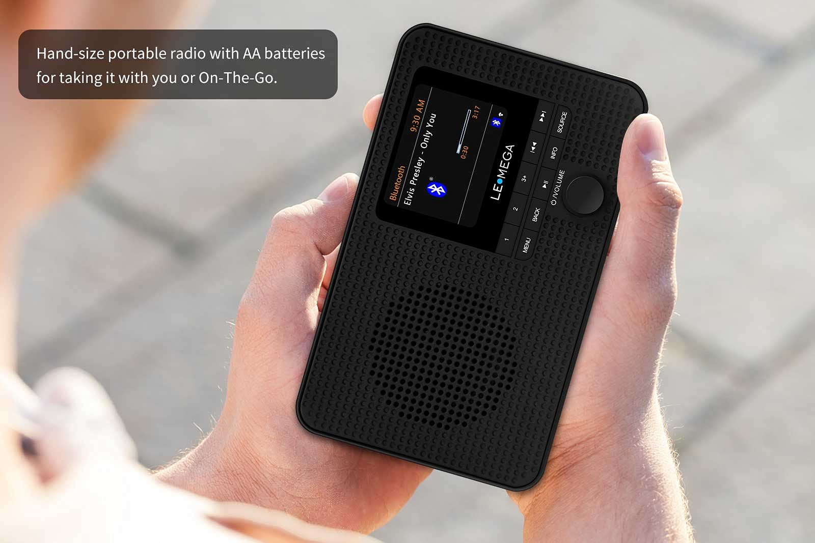 LEMEGA IR1 Portable WiFi Internet Radio,FM Digital Radio,Bluetooth Speaker,Dual Alarms Clock,Sleep Snooze Timer,40 Presets, Headphone-Output,Colour Display,Batteries or Mains Powered – Black Finish