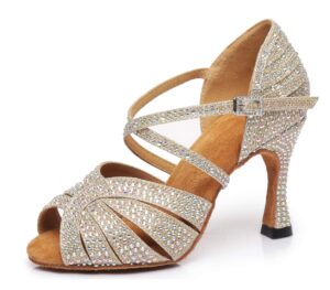 minishion women's cross strap gold glitter latin dance shoes us 8.5