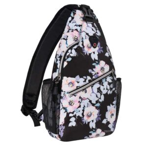mosiso sling backpack,travel hiking daypack pattern rope crossbody shoulder bag, black base peachbloom