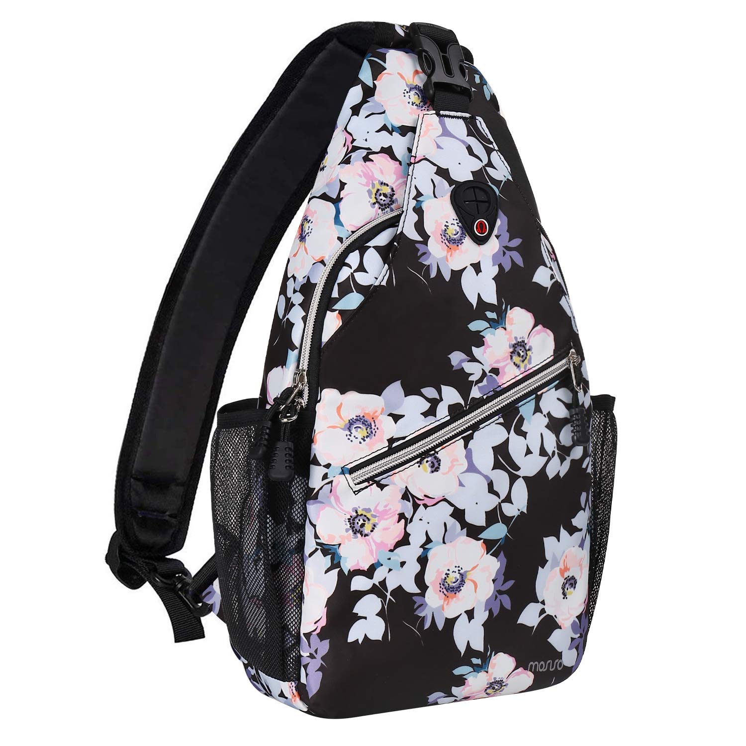 MOSISO Sling Backpack,Travel Hiking Daypack Pattern Rope Crossbody Shoulder Bag, Black Base Peachbloom