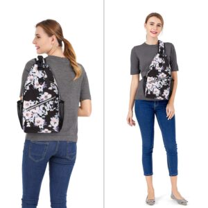 MOSISO Sling Backpack,Travel Hiking Daypack Pattern Rope Crossbody Shoulder Bag, Black Base Peachbloom