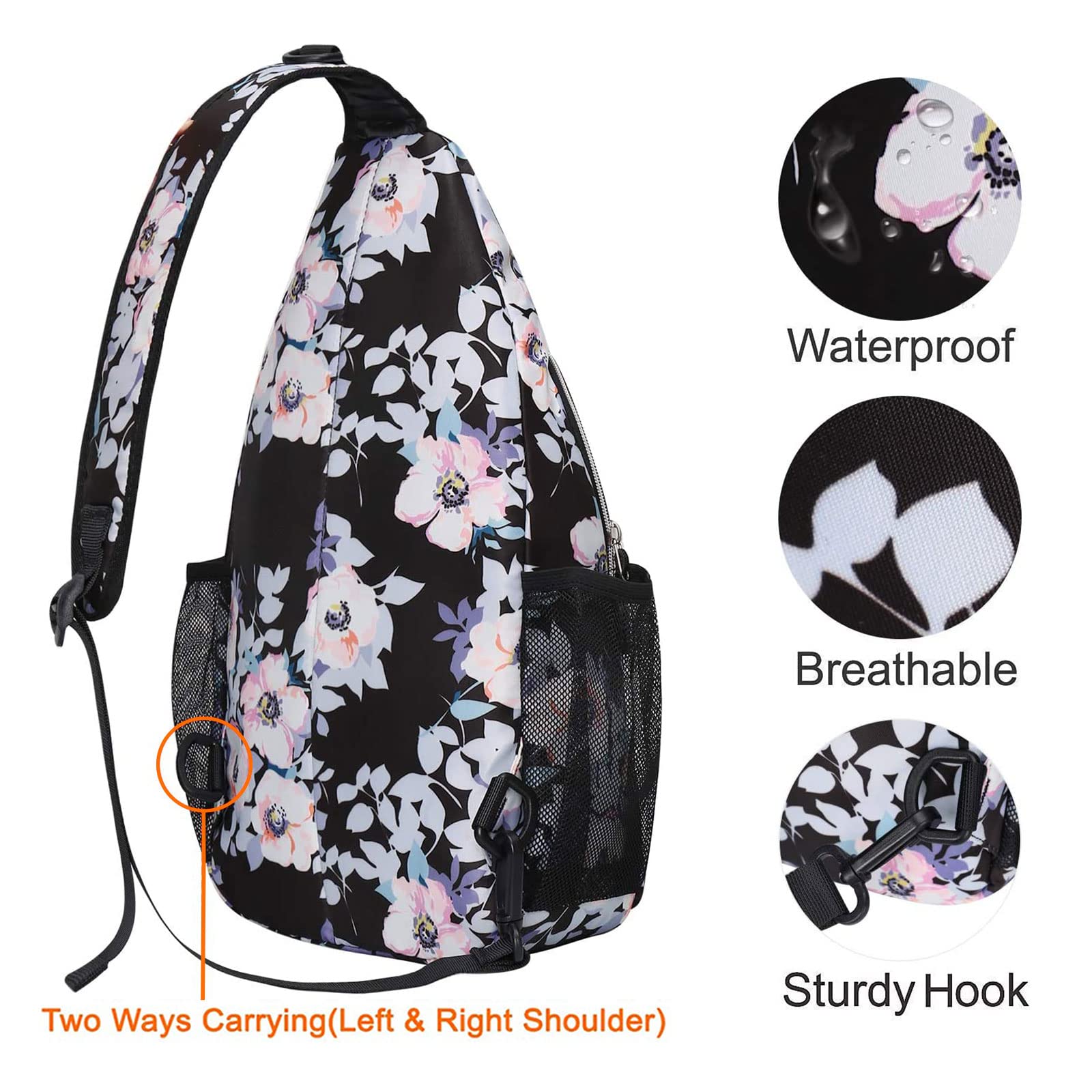 MOSISO Sling Backpack,Travel Hiking Daypack Pattern Rope Crossbody Shoulder Bag, Black Base Peachbloom