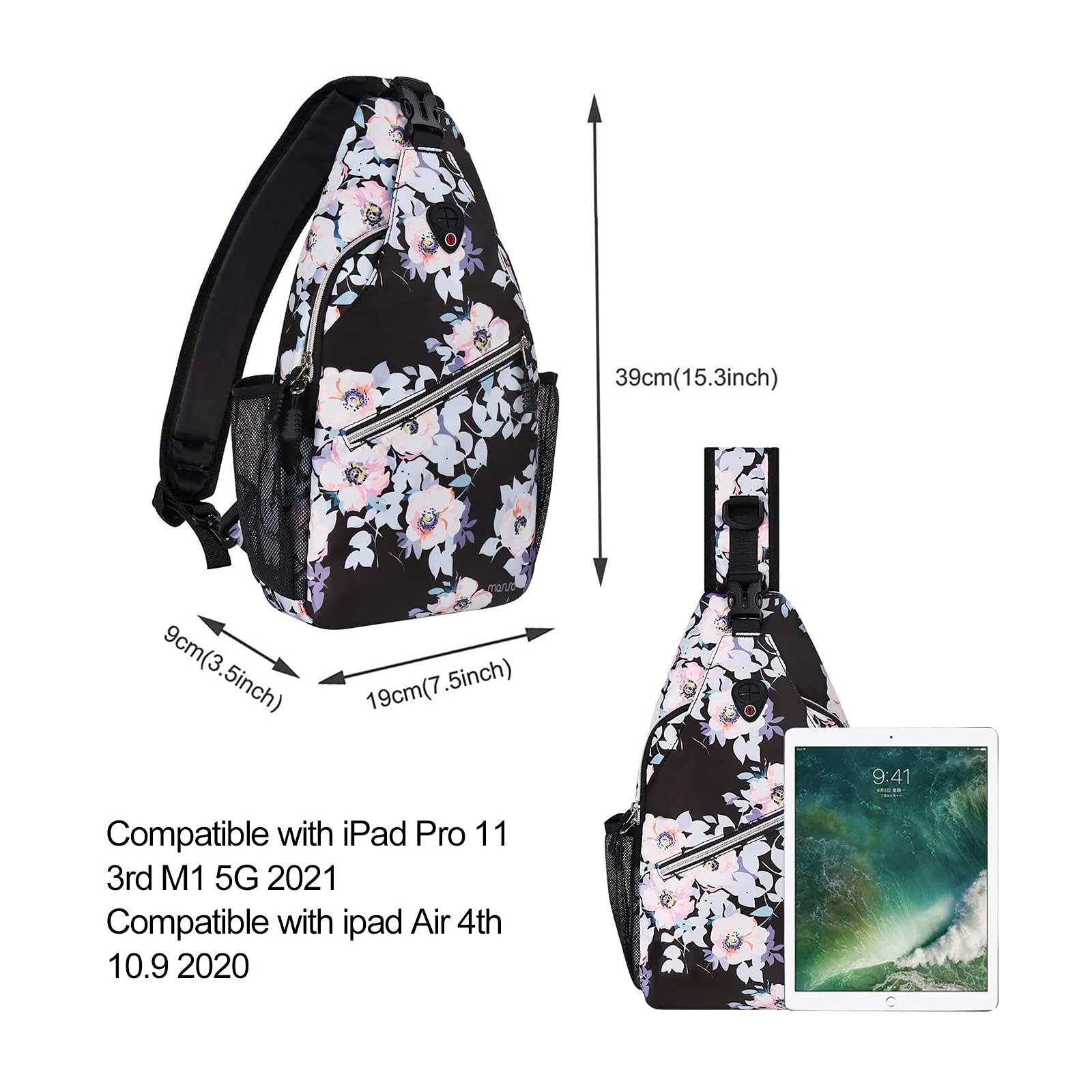 MOSISO Sling Backpack,Travel Hiking Daypack Pattern Rope Crossbody Shoulder Bag, Black Base Peachbloom