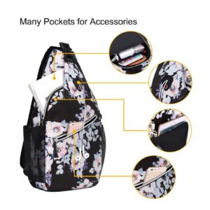 MOSISO Sling Backpack,Travel Hiking Daypack Pattern Rope Crossbody Shoulder Bag, Black Base Peachbloom