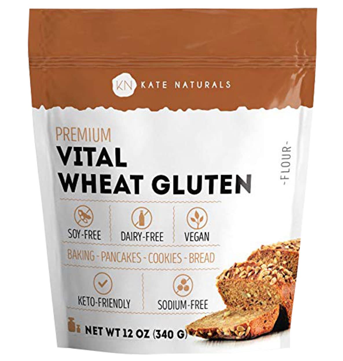 Kate Naturals Vital Wheat Gluten for Bread Making, Baking & Seitan (12oz). Natural Powder for Bread Machine. Non-GMO, High Protein Flour, Low Carb Bread for Vegan Gluten & Keto