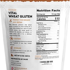 Kate Naturals Vital Wheat Gluten for Bread Making, Baking & Seitan (12oz). Natural Powder for Bread Machine. Non-GMO, High Protein Flour, Low Carb Bread for Vegan Gluten & Keto