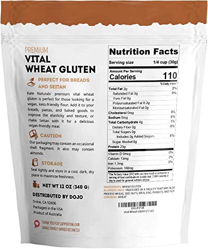 Kate Naturals Vital Wheat Gluten for Bread Making, Baking & Seitan (12oz). Natural Powder for Bread Machine. Non-GMO, High Protein Flour, Low Carb Bread for Vegan Gluten & Keto