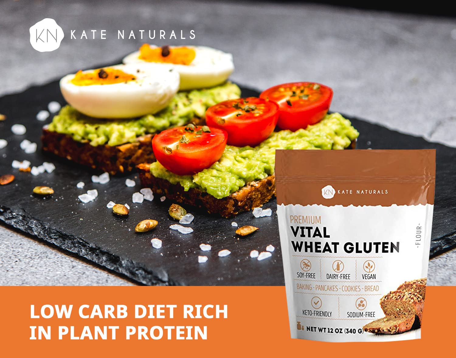 Kate Naturals Vital Wheat Gluten for Bread Making, Baking & Seitan (12oz). Natural Powder for Bread Machine. Non-GMO, High Protein Flour, Low Carb Bread for Vegan Gluten & Keto