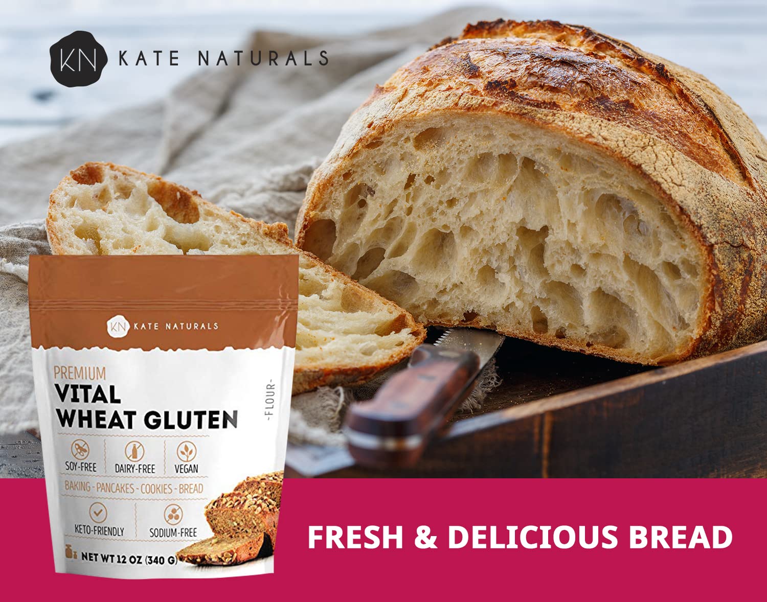 Kate Naturals Vital Wheat Gluten for Bread Making, Baking & Seitan (12oz). Natural Powder for Bread Machine. Non-GMO, High Protein Flour, Low Carb Bread for Vegan Gluten & Keto