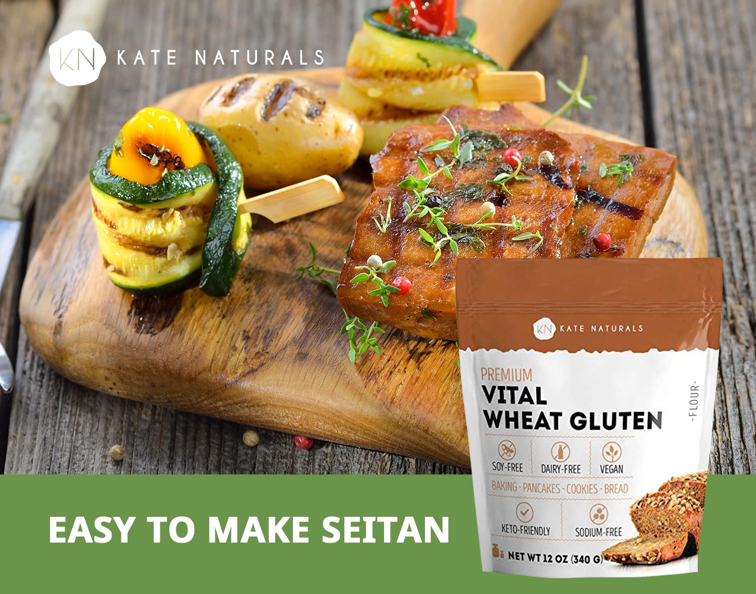 Kate Naturals Vital Wheat Gluten for Bread Making, Baking & Seitan (12oz). Natural Powder for Bread Machine. Non-GMO, High Protein Flour, Low Carb Bread for Vegan Gluten & Keto